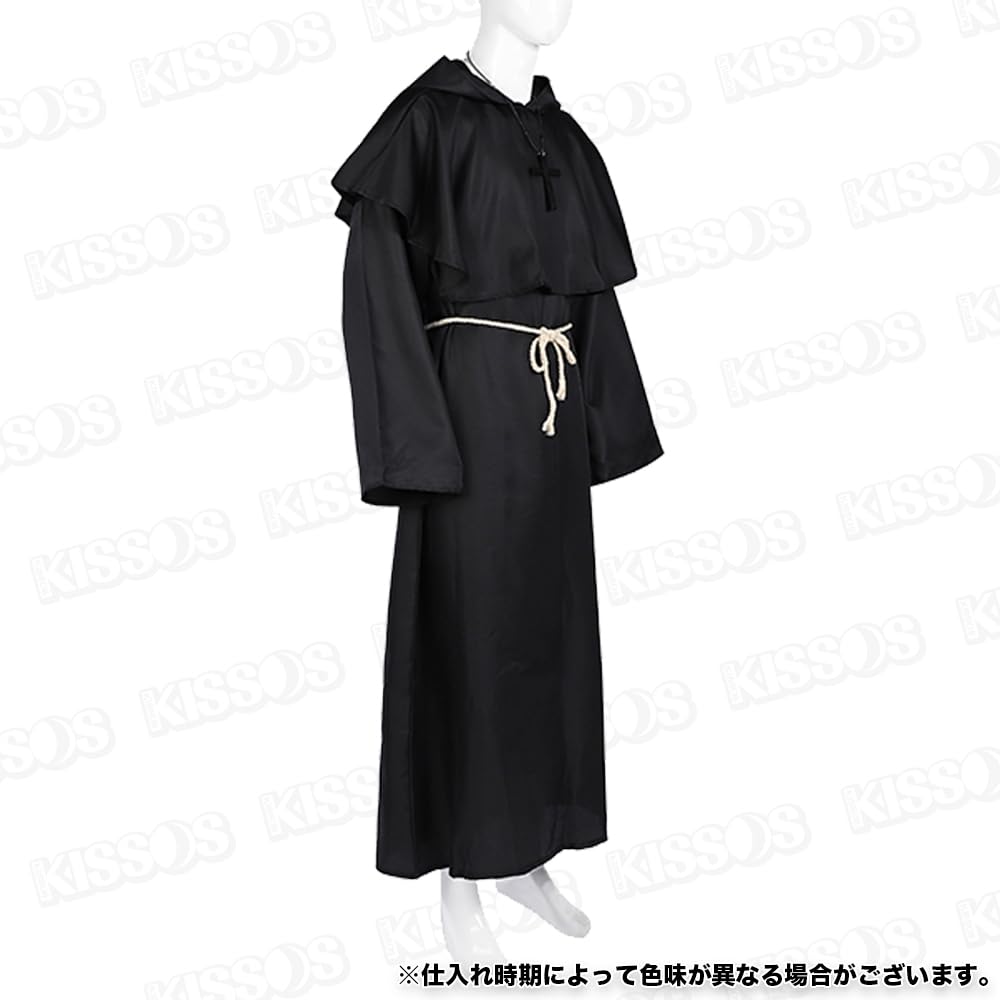 KISSOS Cosplay Costume, Long Robe, Wizard, Monk, Priest, Pastor, Halloween Costume, Party Costume, 4-Piece Set (Size M, Black)