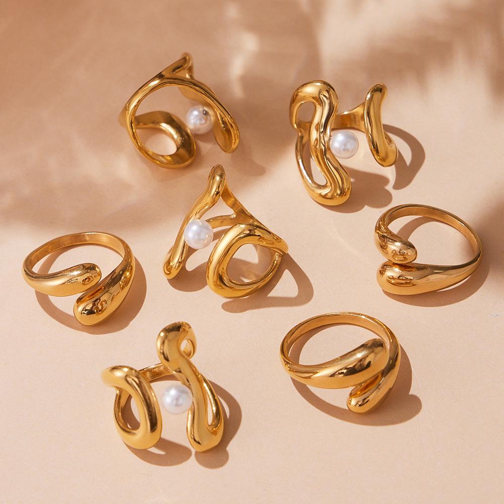 Oumaijia Stainless Steel Geometric Pearl Open Ring - Fashionable Non-fading Jewelry