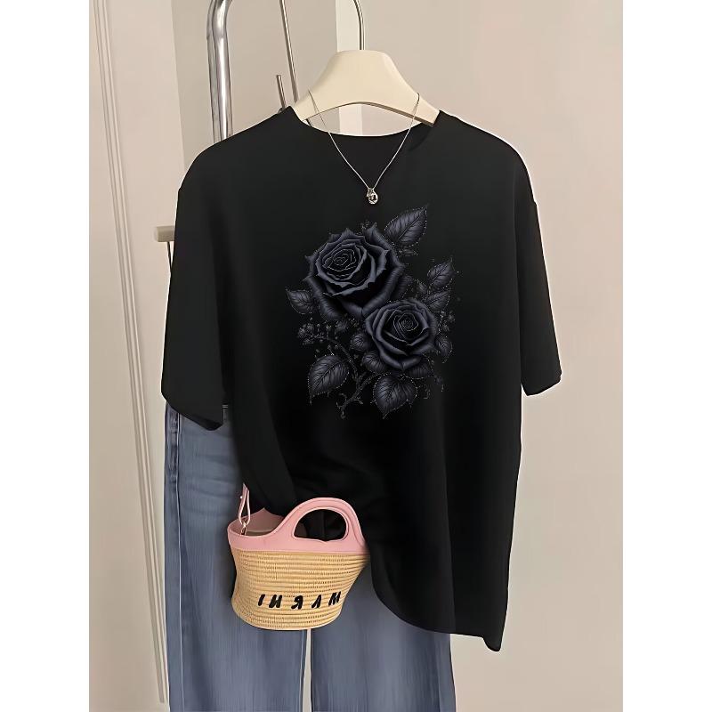 

Womens New Black Rose Print Tee Mysterious Dark Style Cool Vibe Summer Fashion Gift Party Daily Wear Top 4XL чорний