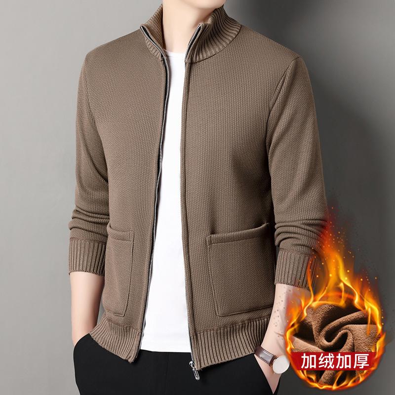 2025 Men's Velvet Autumn and Winter Knitted Cardigan Youth Casual Korean Style Solid Color Stand-up Collar Sweater Men's Jacket