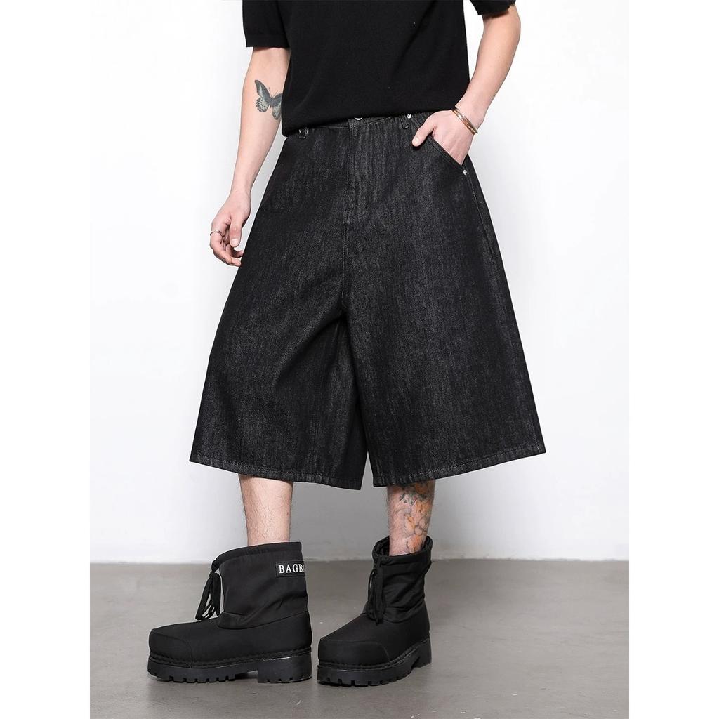 Denim Fekete Bivaly Farmer Férfi és Női Nyári Amerikai Retro Egyszerű Stílus Laza Hímzés Széles Szárú Rövidnadrág Divat