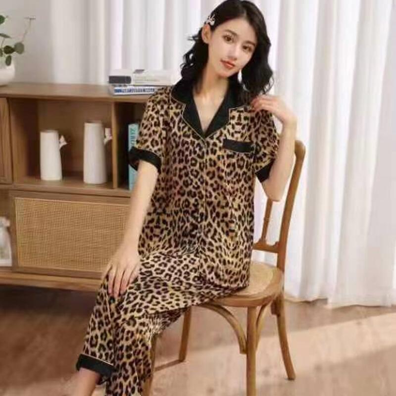 Women's Leopard Print Ice Silk Two-Piece Set – Breathable Long Sleeve Top & Pants for Summer