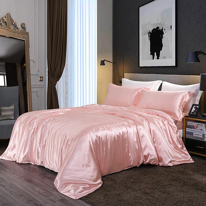 European Solid Color Mulberry Silk Bedding Sets Ice Silk Satin Cooling Bedclothes High Quality Skin-Friendly Smooth Duvet Kit