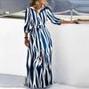Women Spring Fall Dress Lace Up Tight Waist Striped Print Lapel Long