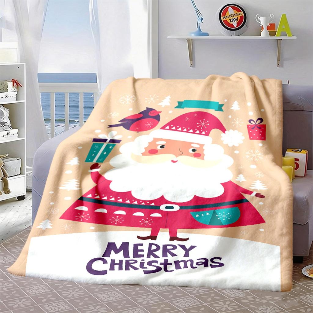 2026 New Arrivals 1pc Soft Flannel Blanket with Cute Santa Claus & Snowman Design AllSeason Cozy Throw for Bed, Sofa, Travel Beige & Red Plaid Pattern