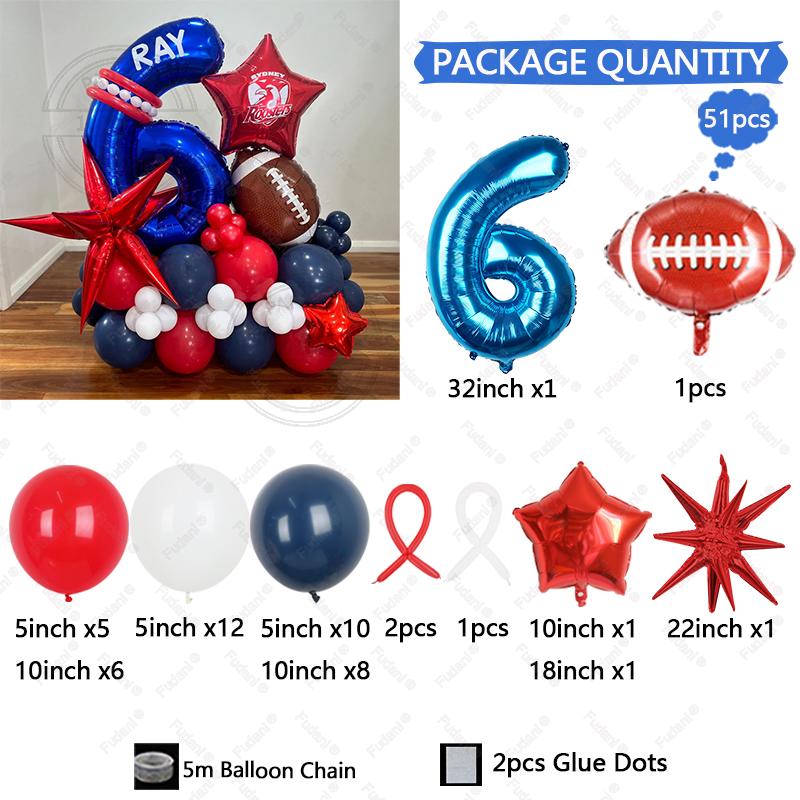 51Pcs Rugby Balloons 32inch Blue 1-9 Number Rugby Foil Balloon five-pointed star Globos Baby Shower Boy Birthday Party Decors