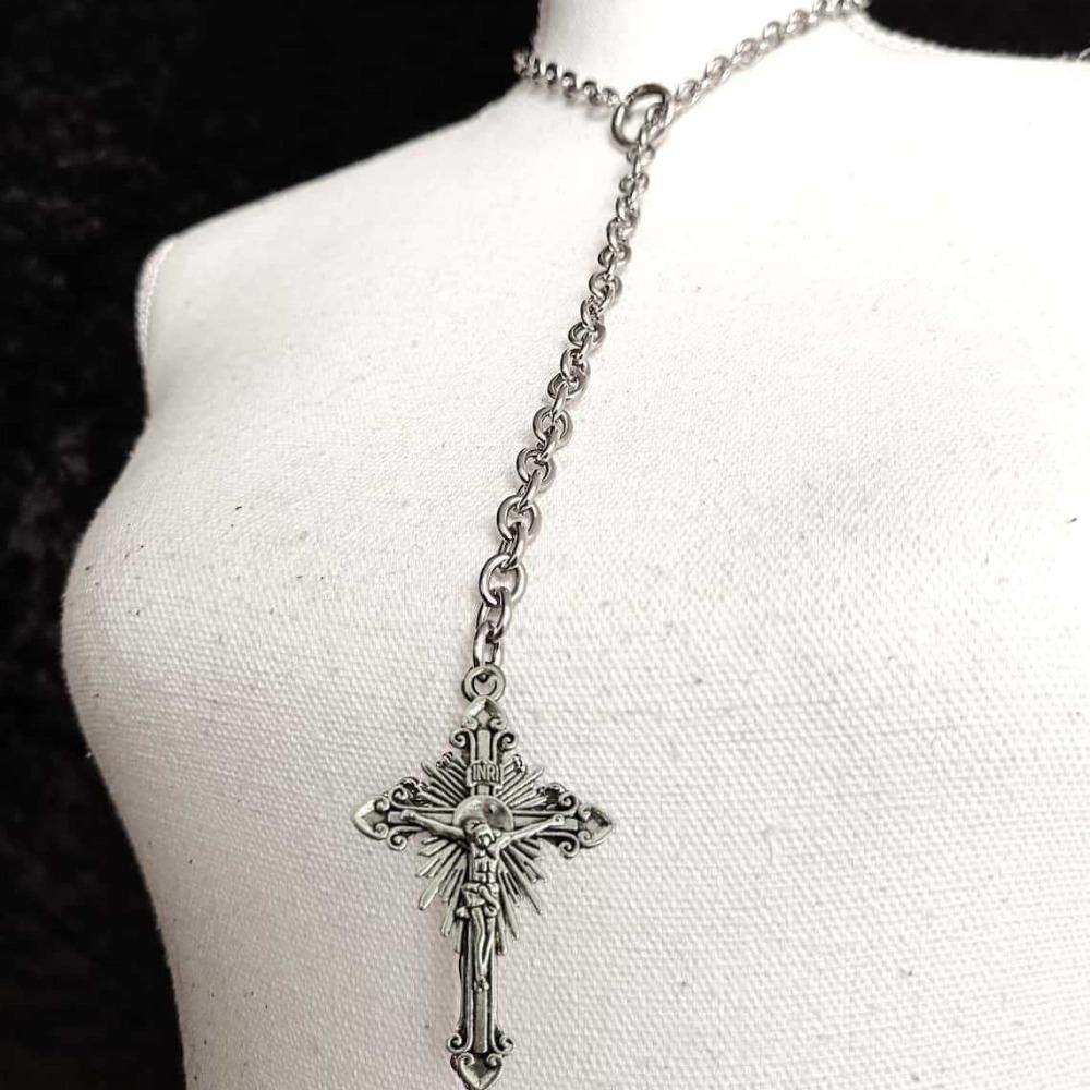 Gothic Silver Color Cross Pendant Necklace Y Chain O Ring Sliding Chain Choker for Women Men Vintage Religious Catholic Jewelry