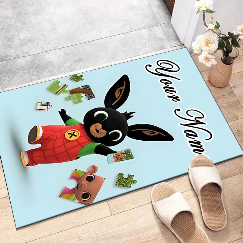 Custom Bing Bunny Mat Personalized Name, Polyester Washable Indoor Entryway Rug, Gift for Christmas, Easter, Thanksgiving Day