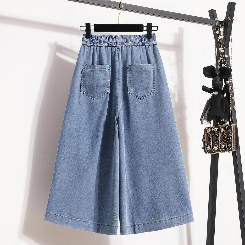 Plus Size Summer Women Jeans Wide Leg Pants Denim Loose Elastic Waist Solid Trousers Oversize Shorts Pants 5XL 100kg