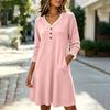 Women's Color V-Neck Sweater Dress with Lace Trim, Button and Two Pockets