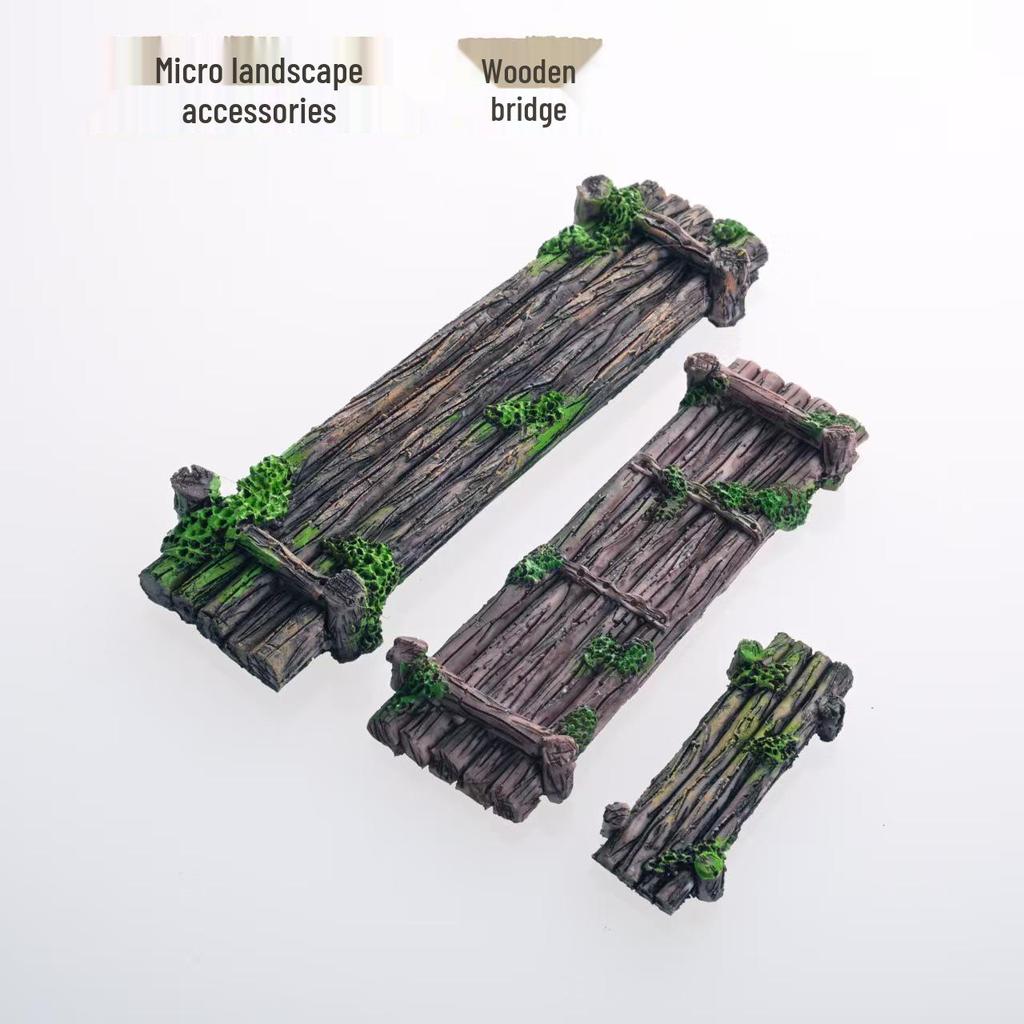 Fish Tank Decor: Artificial Mountain & Wooden Suspension Bridge Set