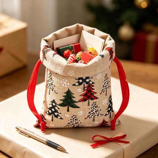 Gift Wrapping Supplies Christmas Tree Print Drawstring Bags, Faux Linen Xmas Treat Bag, Reusable Holiday Bags Candy & Apple Storage Pouch for