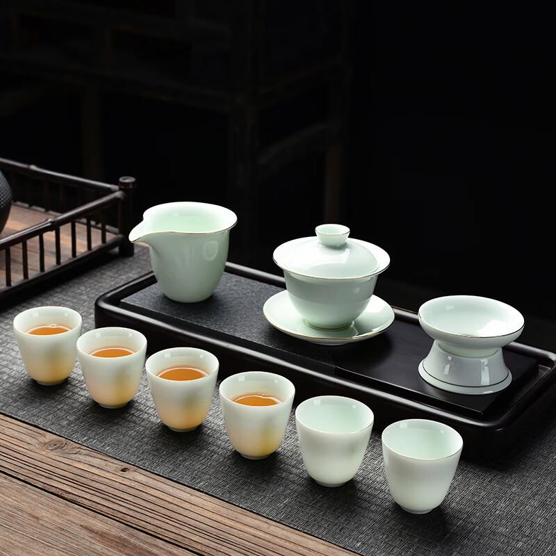 Handun Mutton Fat Jade Celadon Gongfu Tea Set with Gold Detailing