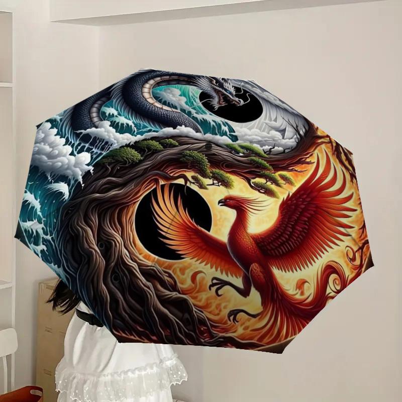 1pc Yin Yang Dragon Phoenix Symbol Umbrella with Plastic Handle,Suitable for All Seasons Home Travel Outdoor UmbrellaDD361