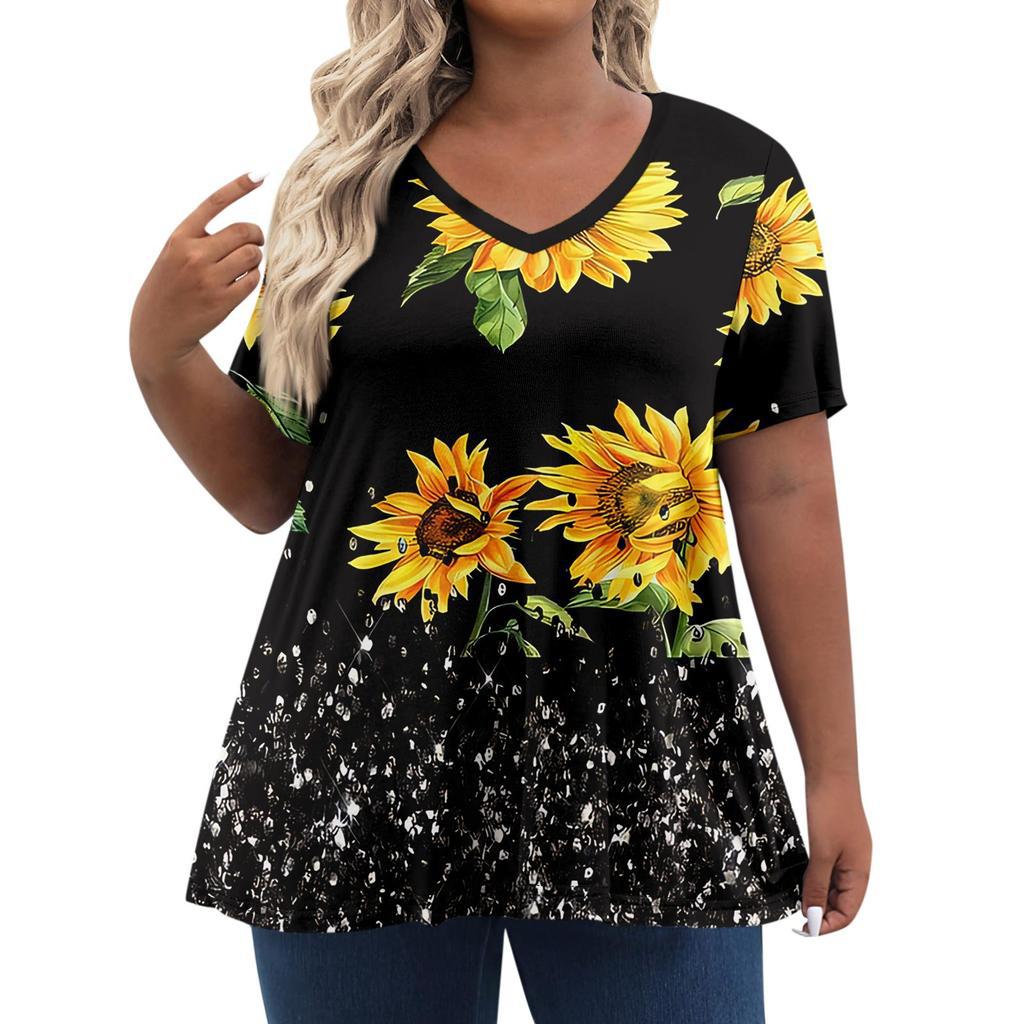 American Women's Clothing New Temperament V-neck Large Size Short-sleeved T-shirt Top Independent Day Personalized 3D Printing