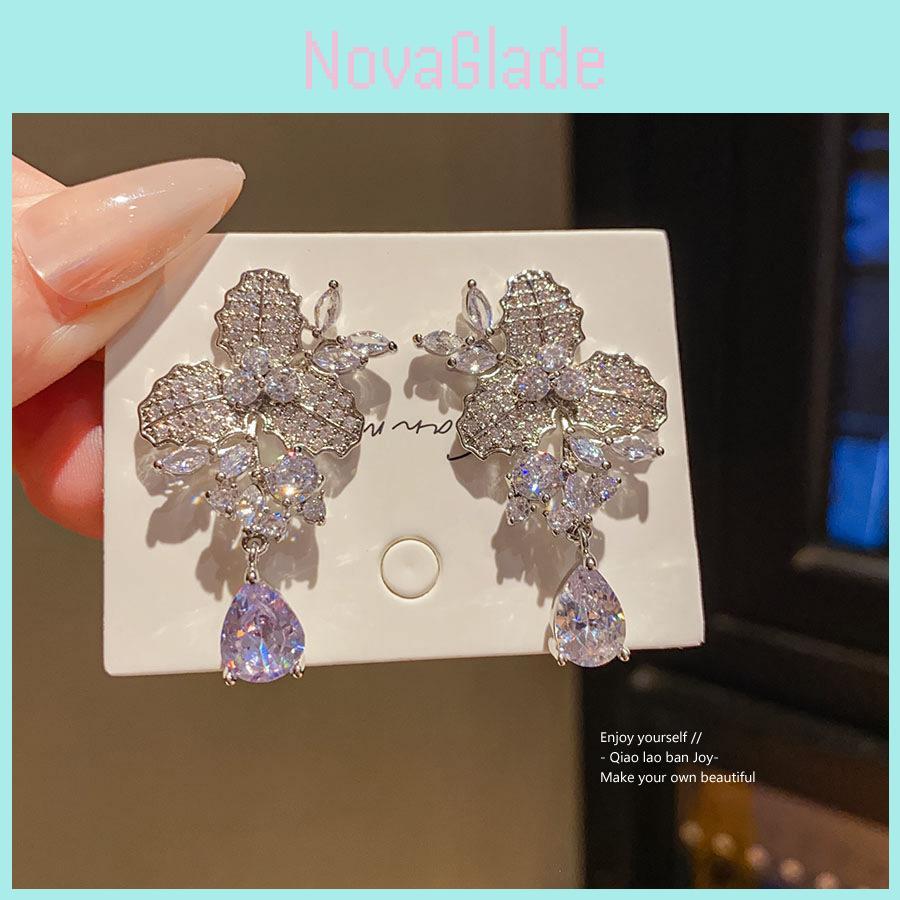 Silver Needle Zircon Water Drop Flower Earrings For Women Stylish Office Jewelry