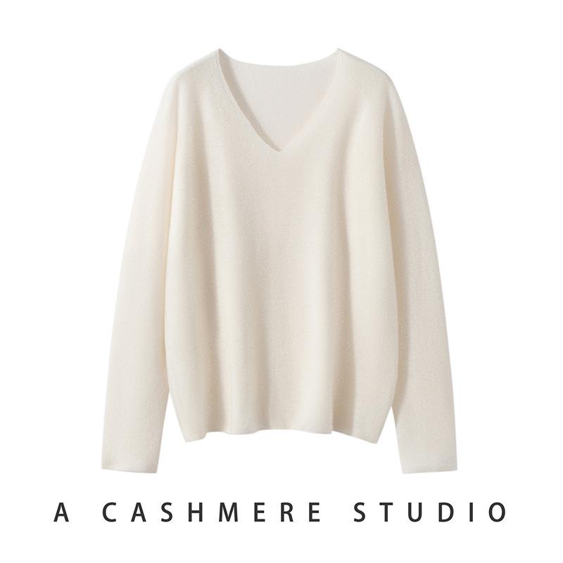 Women's Soft 100% Cashmere V-Neck Sweater - Loose Fit, Long Sleeve, Solid Color Knitwear for Autumn and Winter