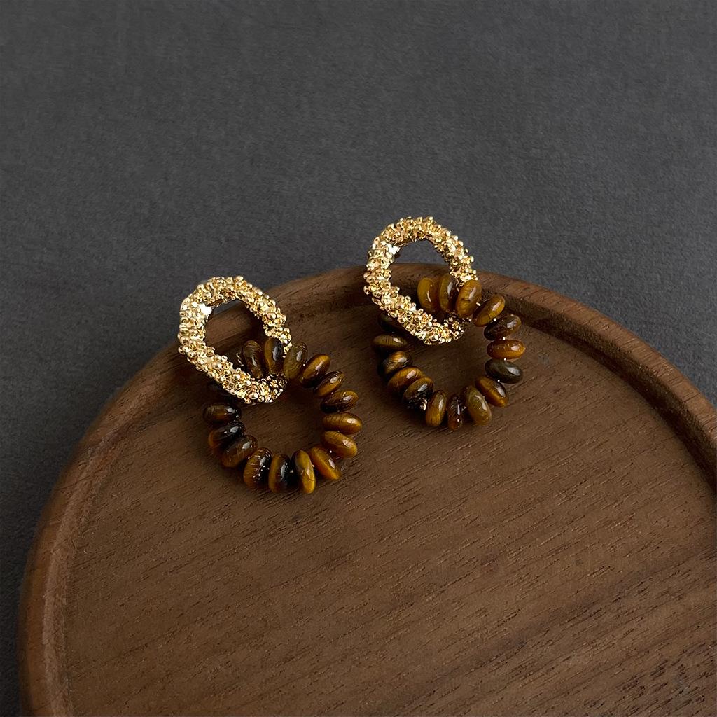 Retro Melaard Tiger's Eye Handmade French Light Luxury Stud Earrings for Women