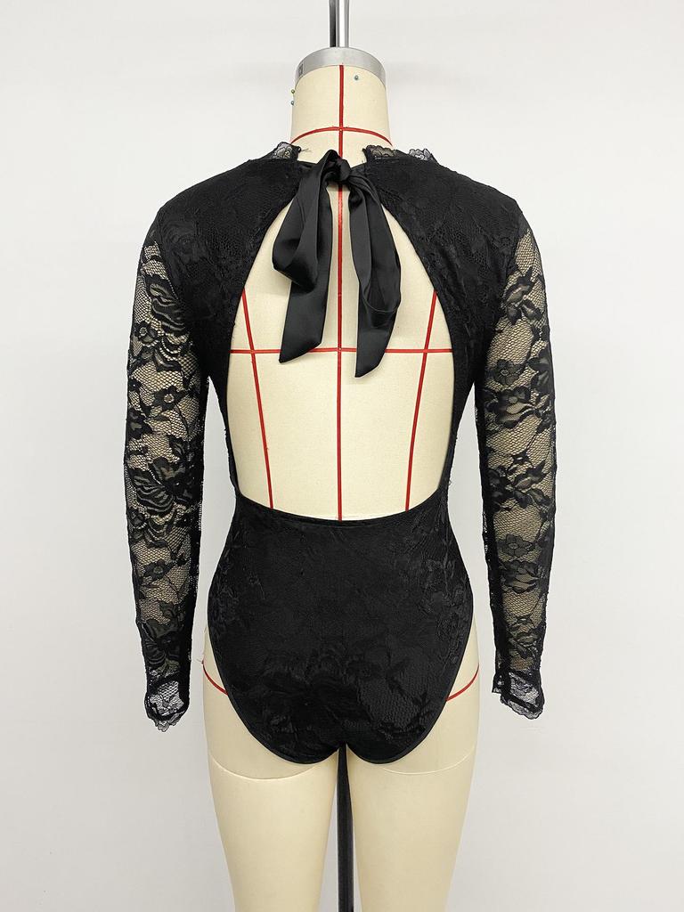 2025 Elegant European & American Lace V-neck Black Jumpsuit with Sexy Hollow Back.