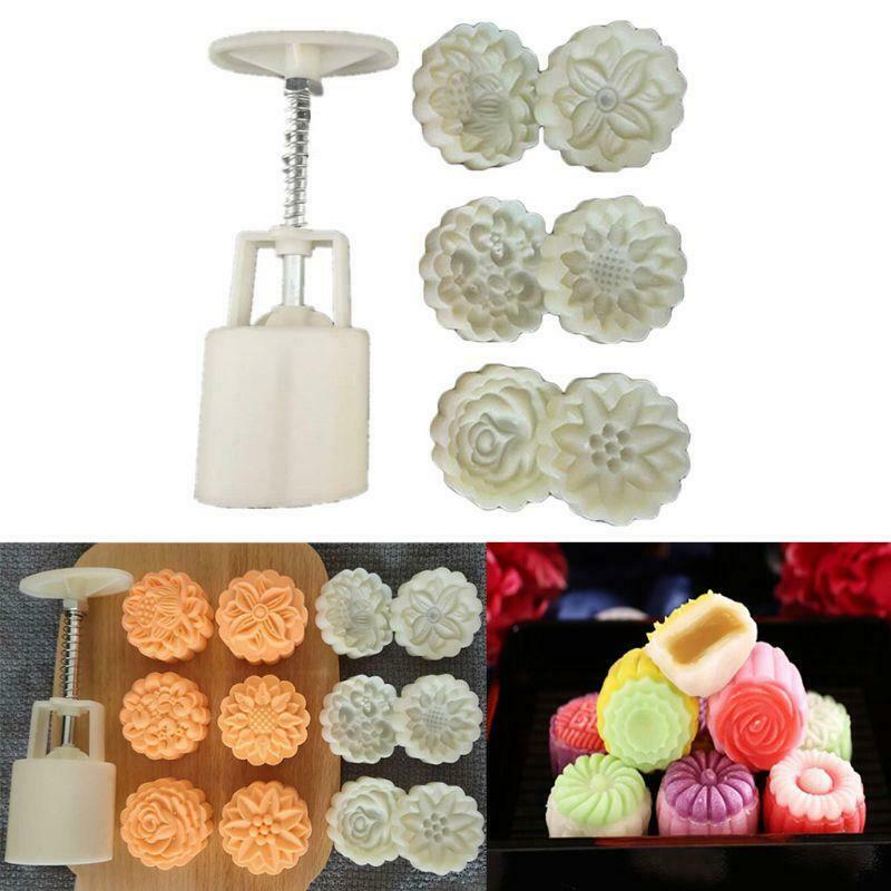 Mold Mooncake 50g cu 6 buc. ștampile cu flori 3D, presă manuală, matriță pentru patiserie, bricolaj