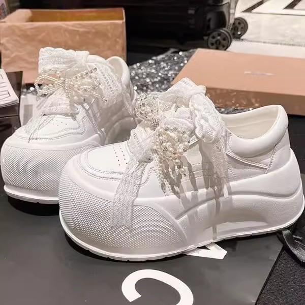 Leather Korean Version Big Head Lace Bow Pearl Bread Shoes Platform Muffin Small 6cm Casual Board Shoes Women