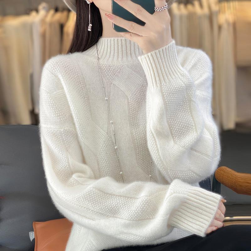 Women's Thickened Pure Wool Sweater - Half-High Collar, Full Body Cable Knit, Loose Fit, Versatile Drop Shoulder Design.