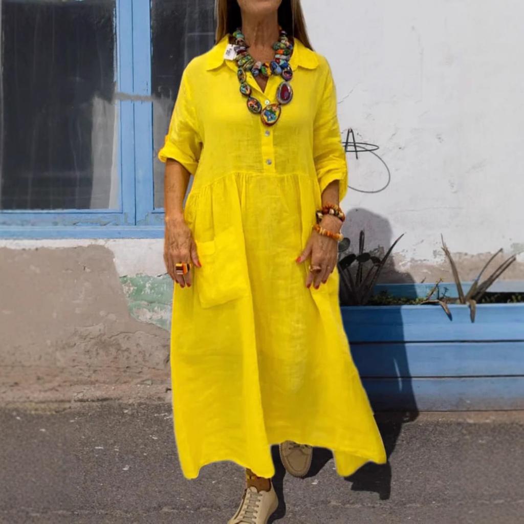 New Women's Loose Solid Color Vacation Casual Button Artistic Style Fashionable Dress