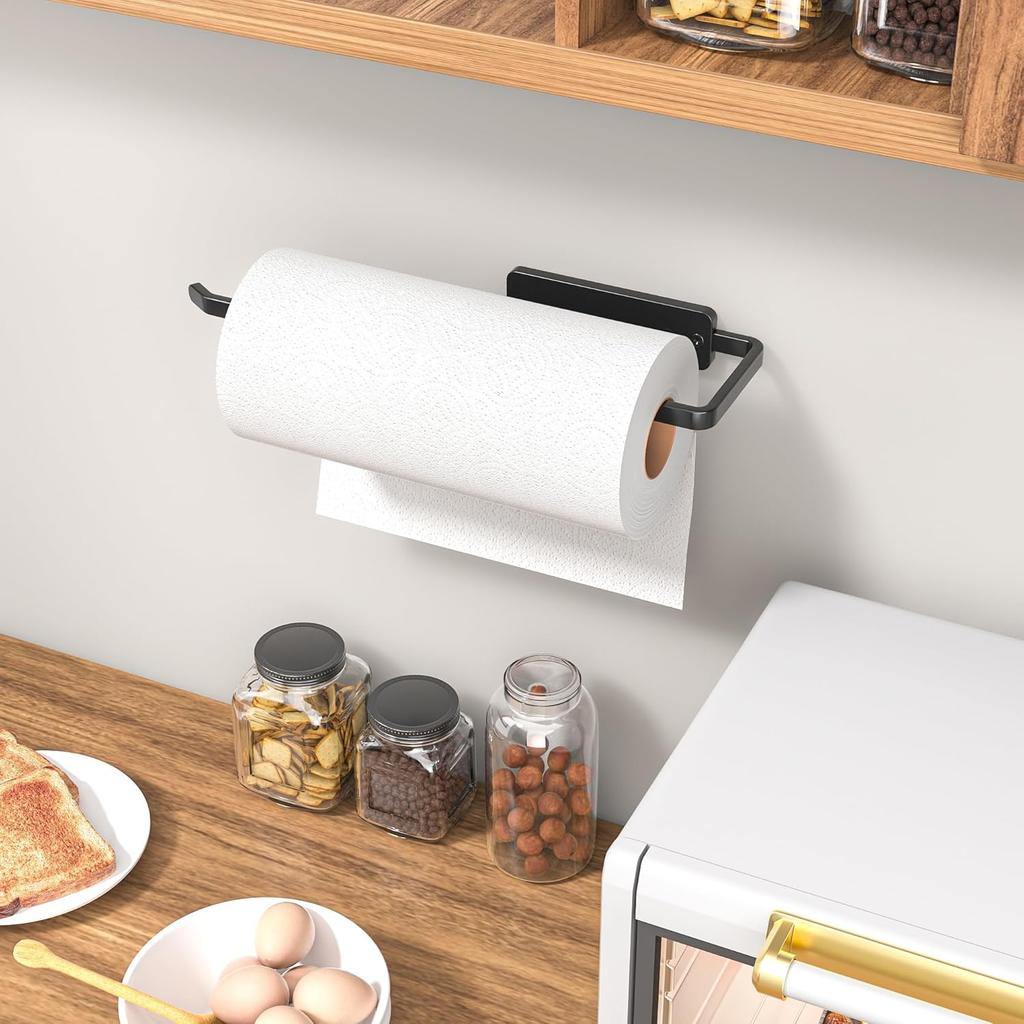 Paper Towel Holder Under Cabinet - Wall Mounted Paper Towel Holder No Drilling, Adhesive Under Cabinet Roll Holder, Black Kitchen Towel Holder, 31 x