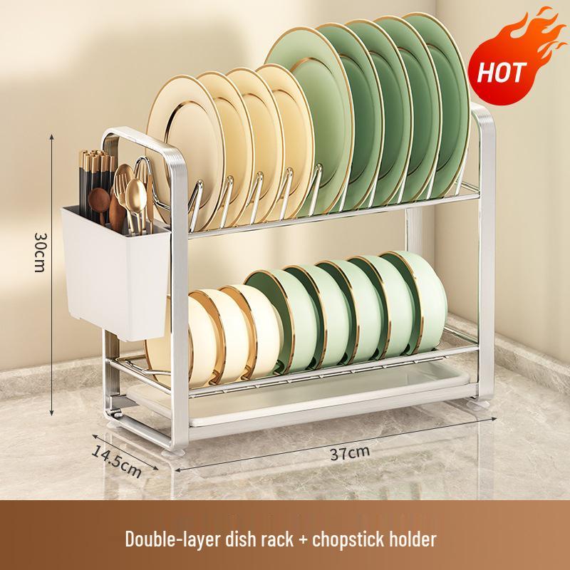 Compact Double-Layer Stainless Steel Dish Rack for Kitchen Countertop