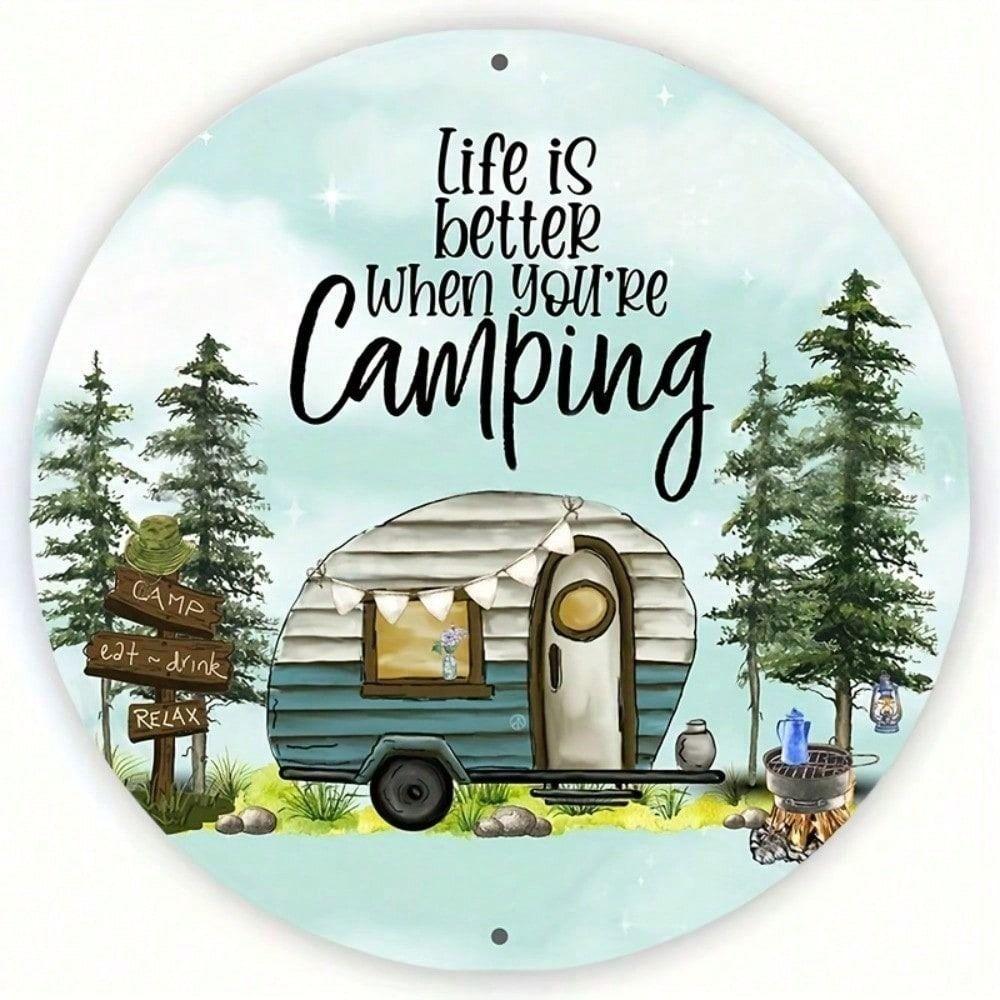 Round Metal Camping Poster Wall Art Garden Kitchen Decor