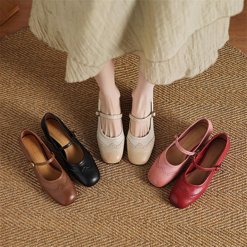 Fashion New Spring/Summer Genuine Leather Women Pumps Shoes for Women Fashion Brogue Designs Square Toe Mary Jane Shoes Women High Heels