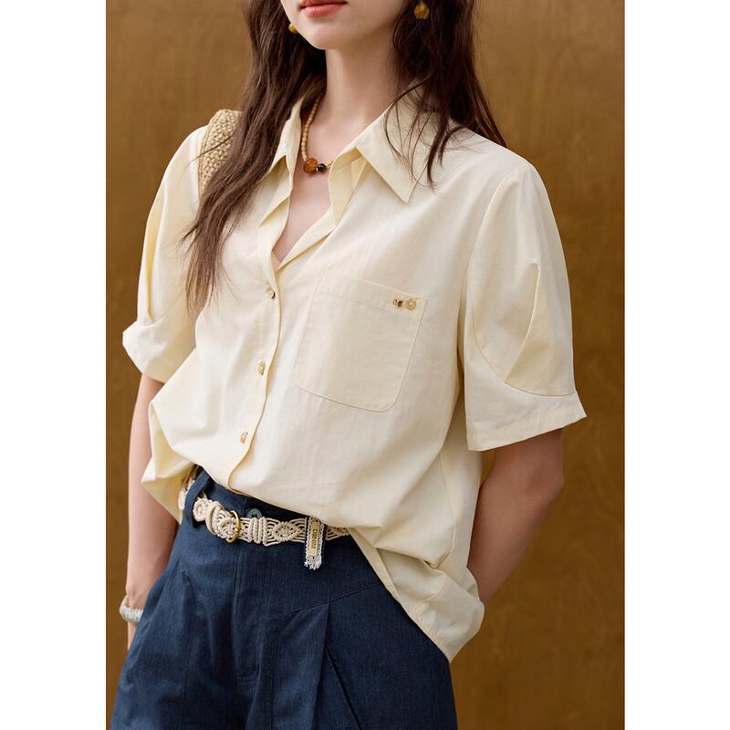 MiXiu Women's French Retro Tencel Cotton Short-Sleeve Shirt