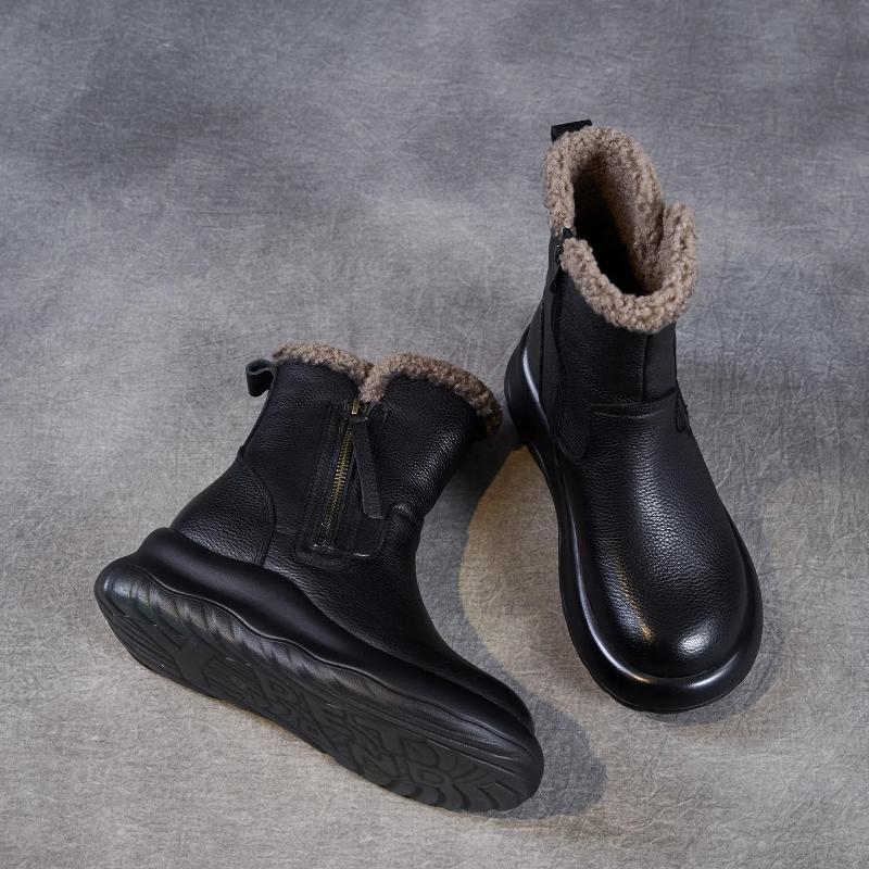 Johnature Thick Soled Genuine Leather Women's Boots Plush Warm Cotton Shoes Versatile Mid-calf Boots