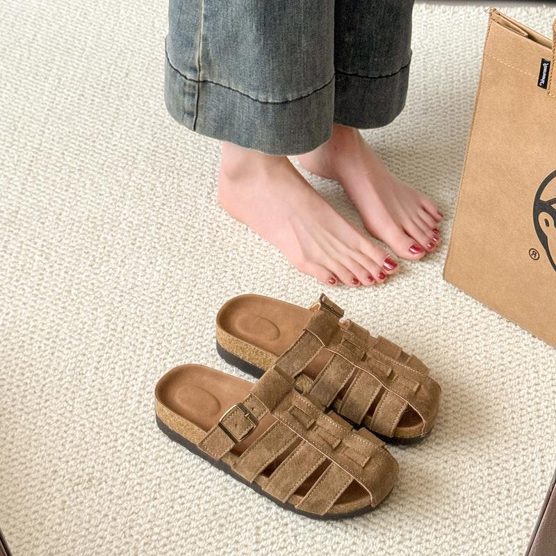 

Удобные матовые туфли-клетки из мягкой кожи с мягкой подошвой, сандалии с закрытым носком, шлепанцы, женская обувь для летнего отпуска на море 2025 40 хаки