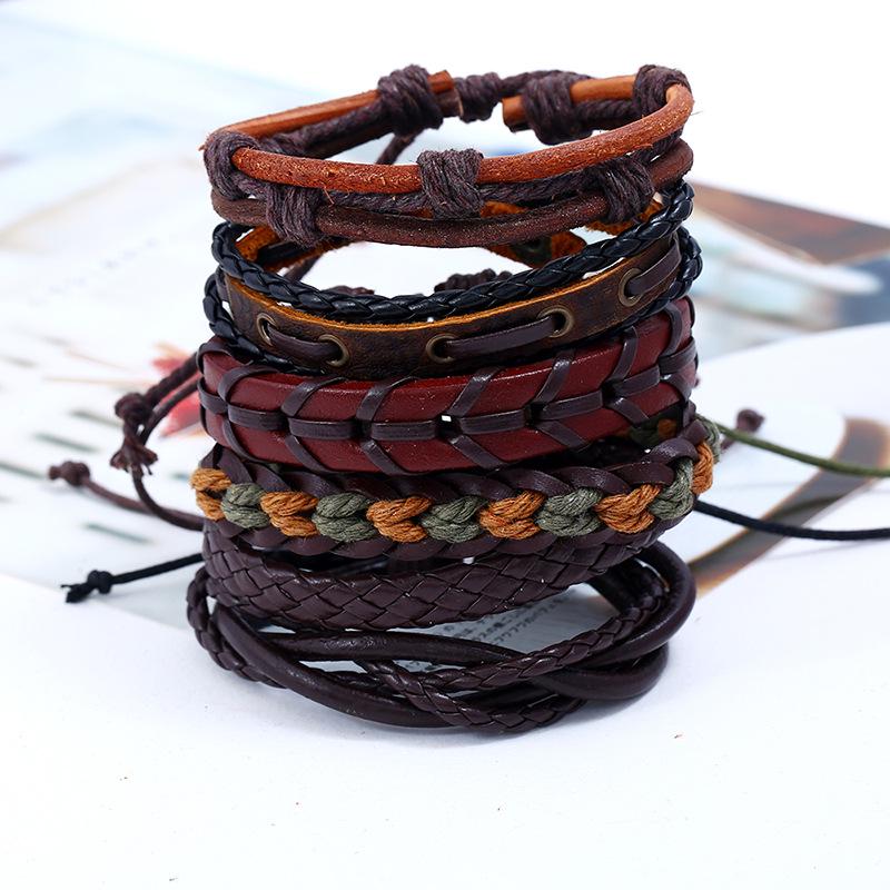 Men's Retro Woven Cowhide Bracelet DIY Six Piece Combination Multi-layer Leather Bracelet Jewelry