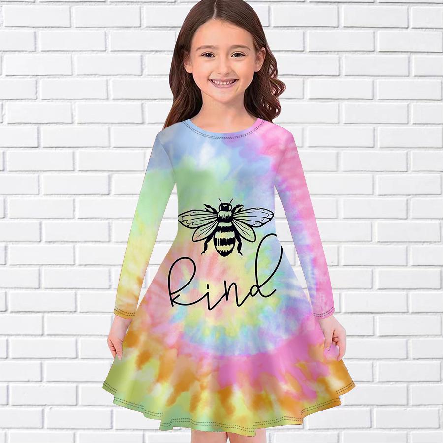 Girl Casual Little Bee Print Round Neck Long Sleeve Dress Kid Princess Dress