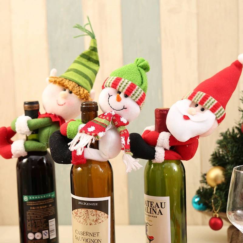 Manchons pour bouteilles de vin Père Noël et Bonhomme de neige avec design cartoon pour décoration de fête de Noël