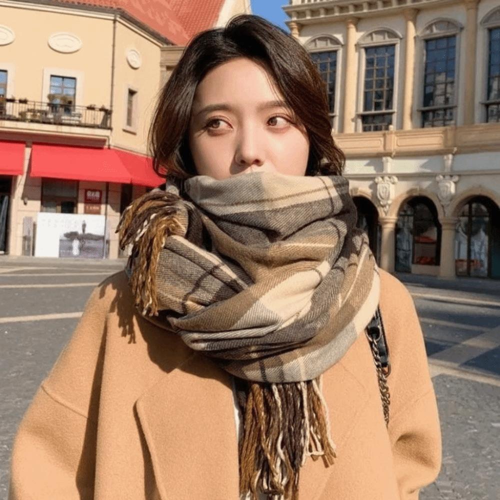 Plush Plaid Wool Scarf Tassel Long Shawl Elegant Winter Cashmere Scarves Girl