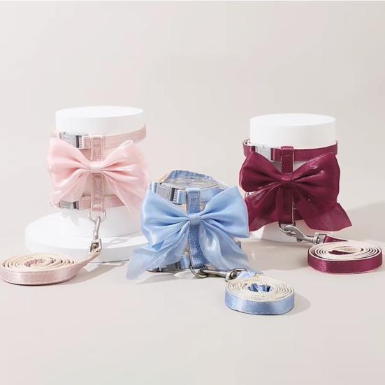 Cute Bow Cat Harness Adjustable Kitten Harness Glossy Cat Harness with Leash for Kittens Adult Cats Party Outdoor Walks