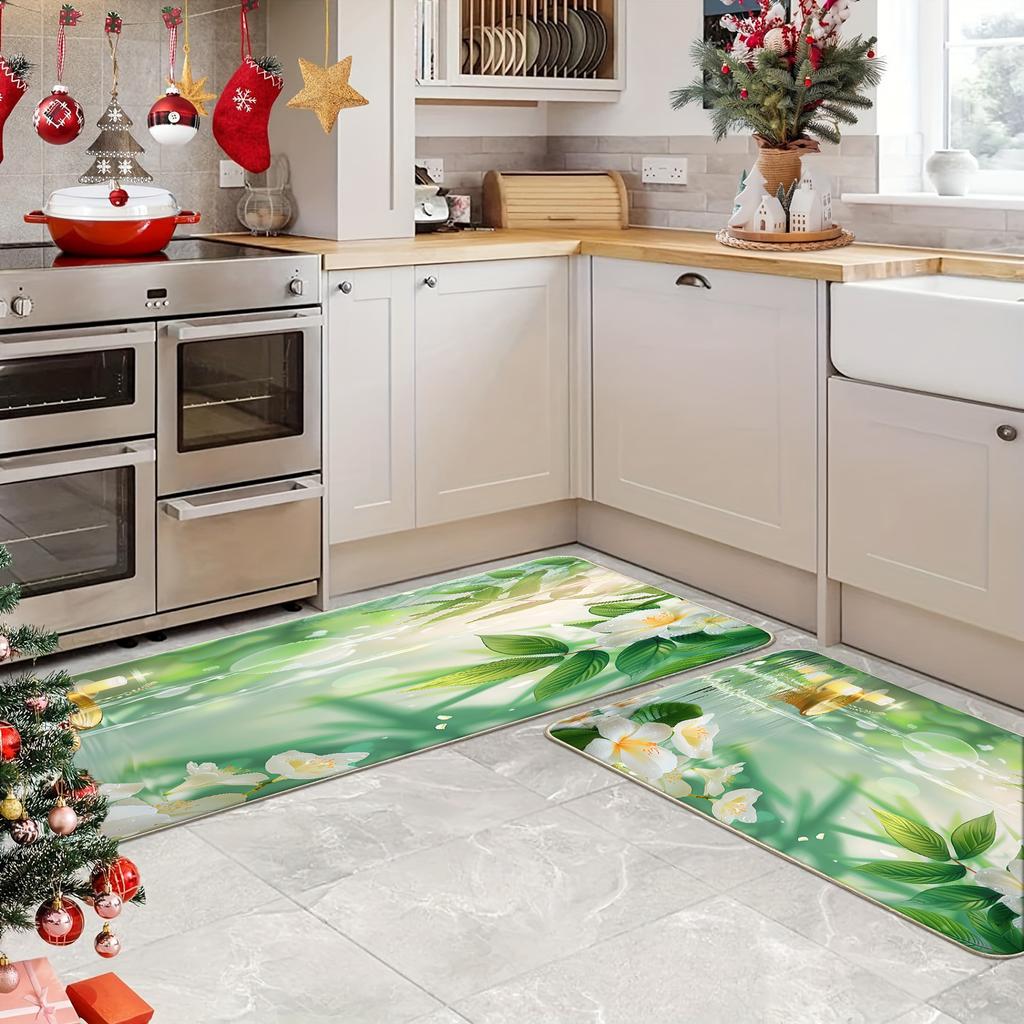 1 x Anti-Ermüdungs-Küchenteppich, Blumenmuster mit Seeufer-Aufdruck, wasserdicht, rutschfest, dick gepolstert, robuste, bequeme Stehmatte für die Küche