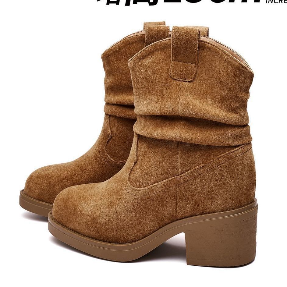 Raised Medium Tube High Heel Piled Boots Women's 2025 Autumn and Winter New Thick Heel Versatile Small Short Boots Western Boots
