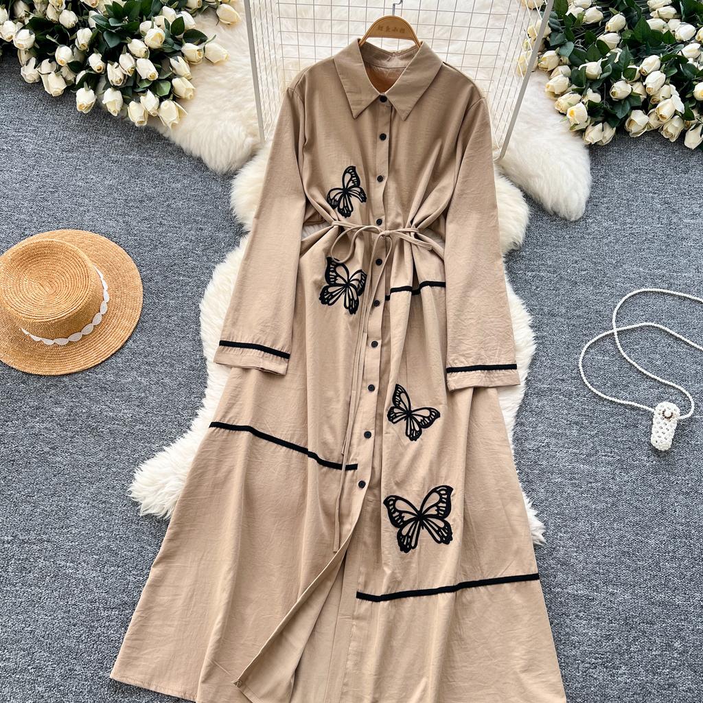 Elegant Butterfly Embroidered Polo-neck Vintage Long Sleeves Single Breasted Slim A-line Long Dress French High Street Clothing