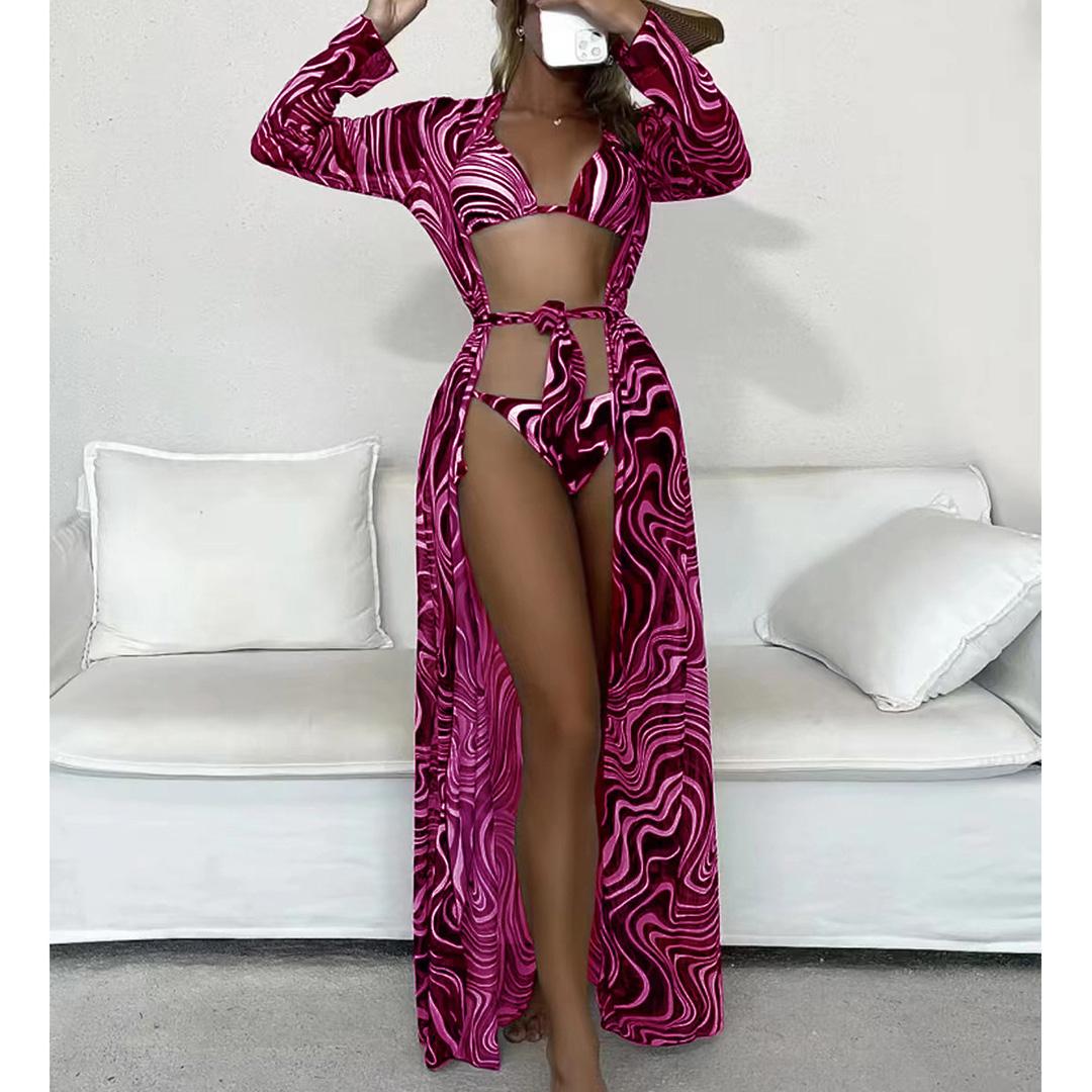 

3 шт. с длинным платьем, бикини с струящимся узором, женские купальники, женский купальник, комплект бикини из трех частей, купальный костюм для плавания S розовый