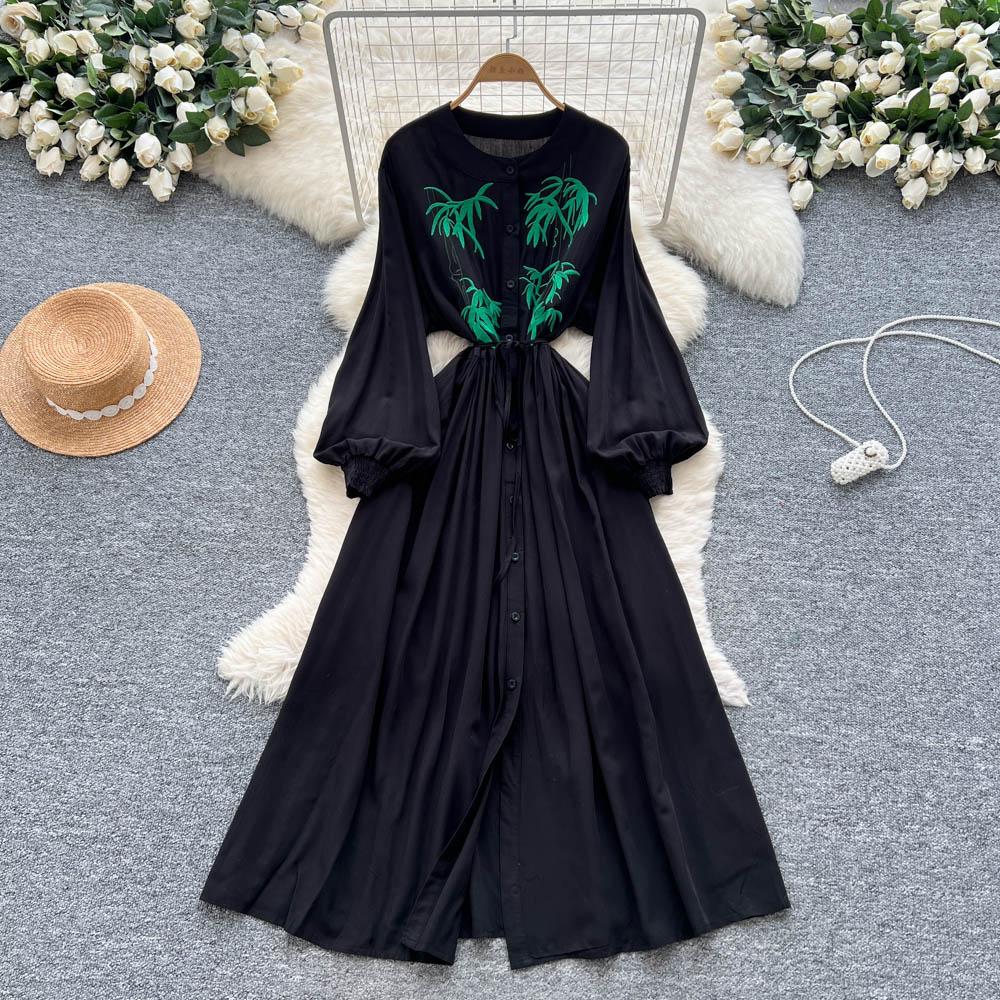 

Women Chic Elegant Long Sleeve Button Embroidered Print Slim Bodycon Dress Sexy Evening Fashion Women Clothing One Size чорний
