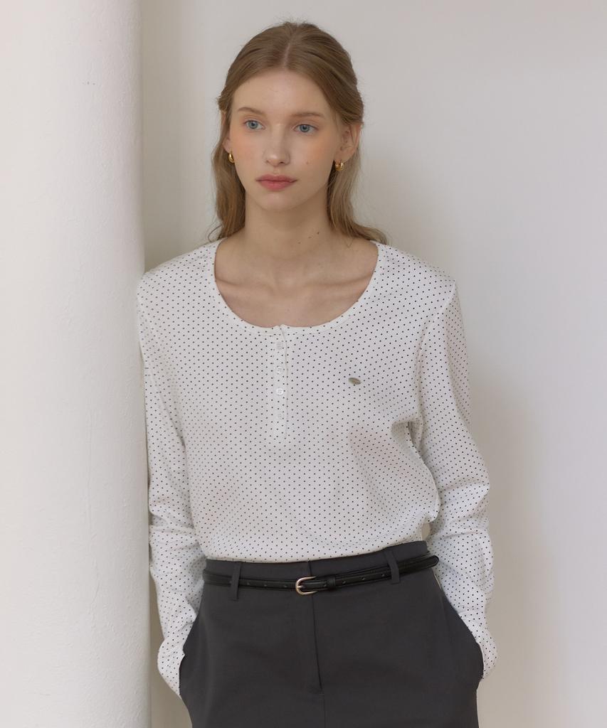 OURHOPE Dot Henley Neck Sleeve T-Shirt - White