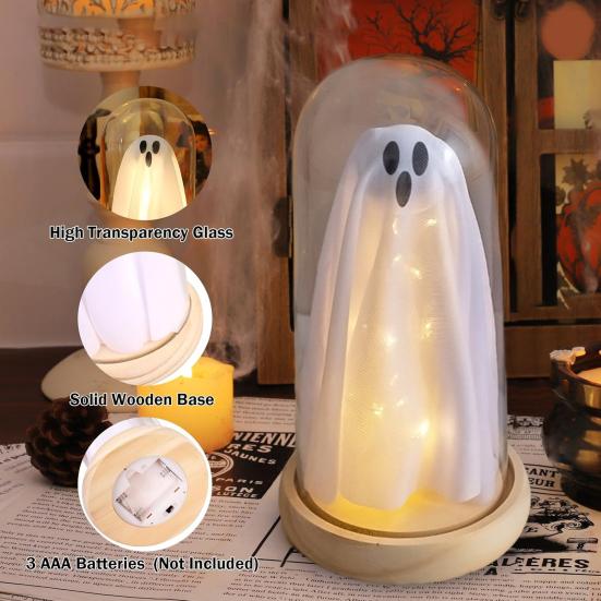 Halloween Indoor Ghost Decoration Light Up Ghost In Glass Cloche with Wood Base Cute Ghost Night Light for Home Kitchen Mantel Shelf Fireplace Decor