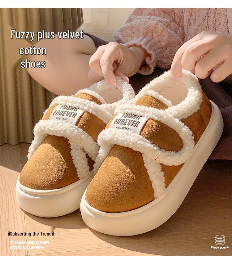 Women's Retro Velcro Cotton Slippers - Non-Slip, Warm Velvet, Full Heel for Autumn/Winter.