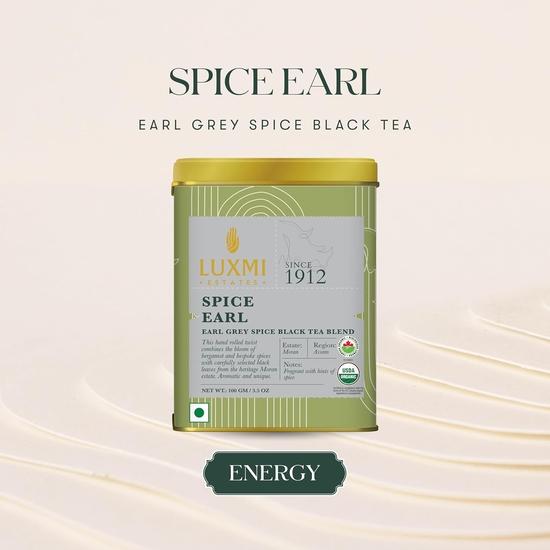 LUXMI Estates Spiced Earl Grey Tea 100Gm Tin |Loose Leaves,Earl Grey Spice Black Tea Blend|Usda Certified Organic