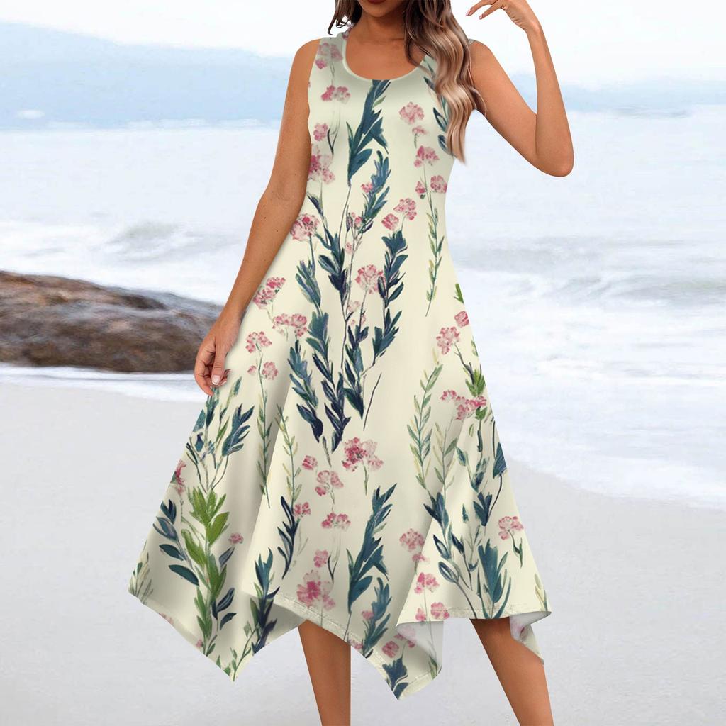Women's Casual Fashion Round Neck Sleeveless Floral Print Irregular Hem Midi Dress