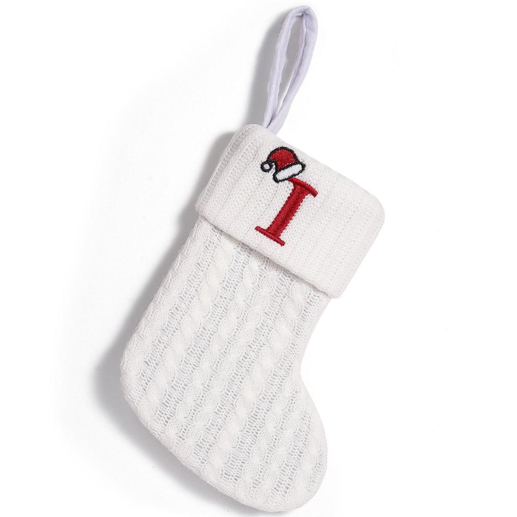 Cross-Border White Knitted Christmas Stocking with Letter Embroidery – Decorative Gift Bag Ornament.